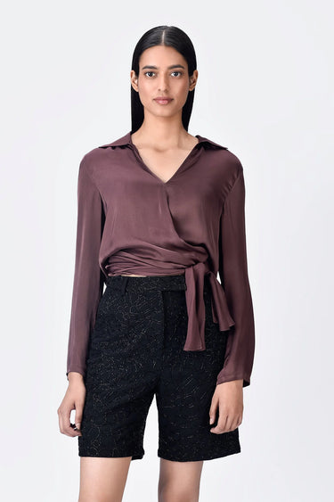 Women's Viscose Satin Shirt - Chocolate Brown - Genes Lecoanet Hemant