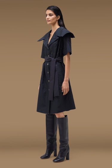 Premium Beaded Wide Collar Belted Shirt Dress - Cotton Poplin