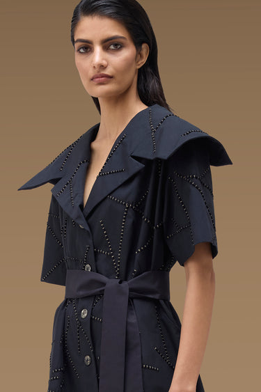 Premium Beaded Wide Collar Belted Shirt Dress - Cotton Poplin