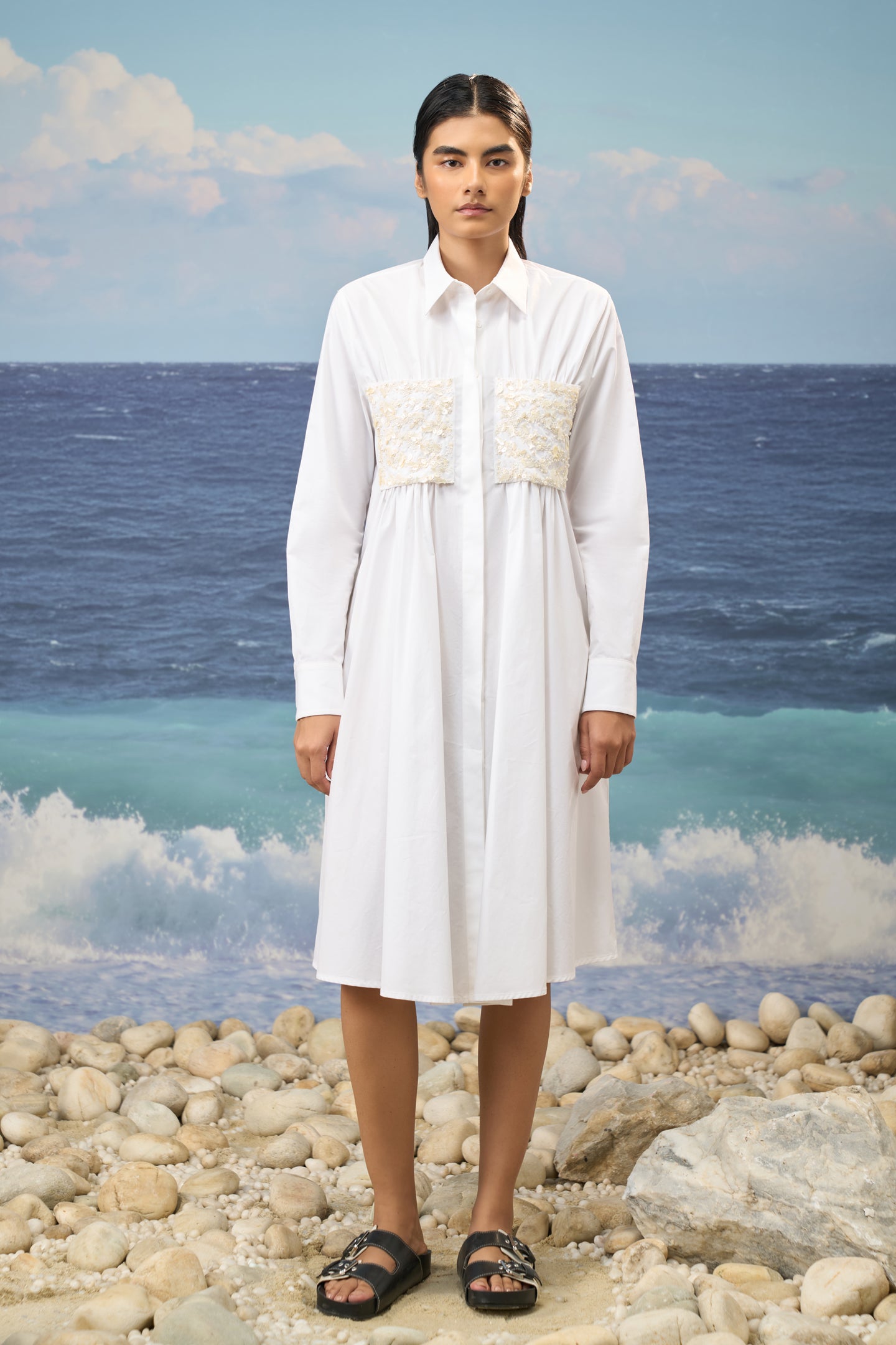 White Premium Giza Cotton Embroidered Shirt Dress