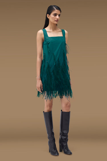 Premium Feather Trim Sleeveless Mini Dress - Cotton Poplin