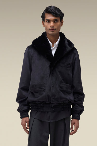 Premium Fur Collar Corduroy Jacket in Black