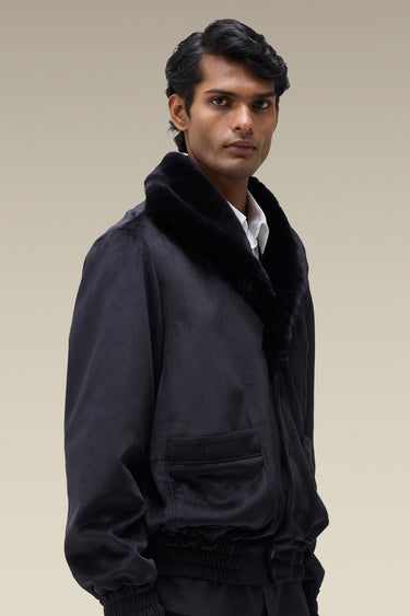 Premium Fur Collar Corduroy Jacket in Black
