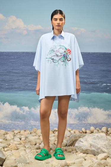Oversized Printed Shirt in Premium Cotton Poplin - Light Blue
