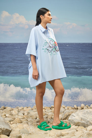 Oversized Printed Shirt in Premium Cotton Poplin - Light Blue