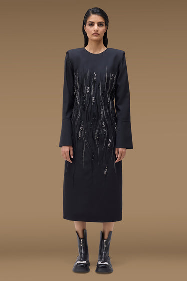 Premium Black Poly Viscose Embellished Midi Dress