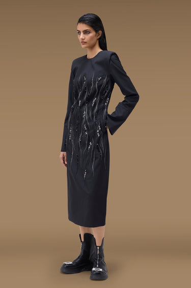 Premium Black Poly Viscose Embellished Midi Dress