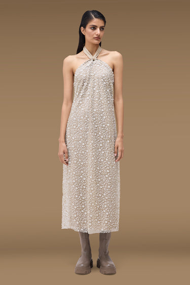 Premium Fawn Embroidered Tulle Halter Dress