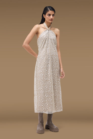 Premium Fawn Embroidered Tulle Halter Dress