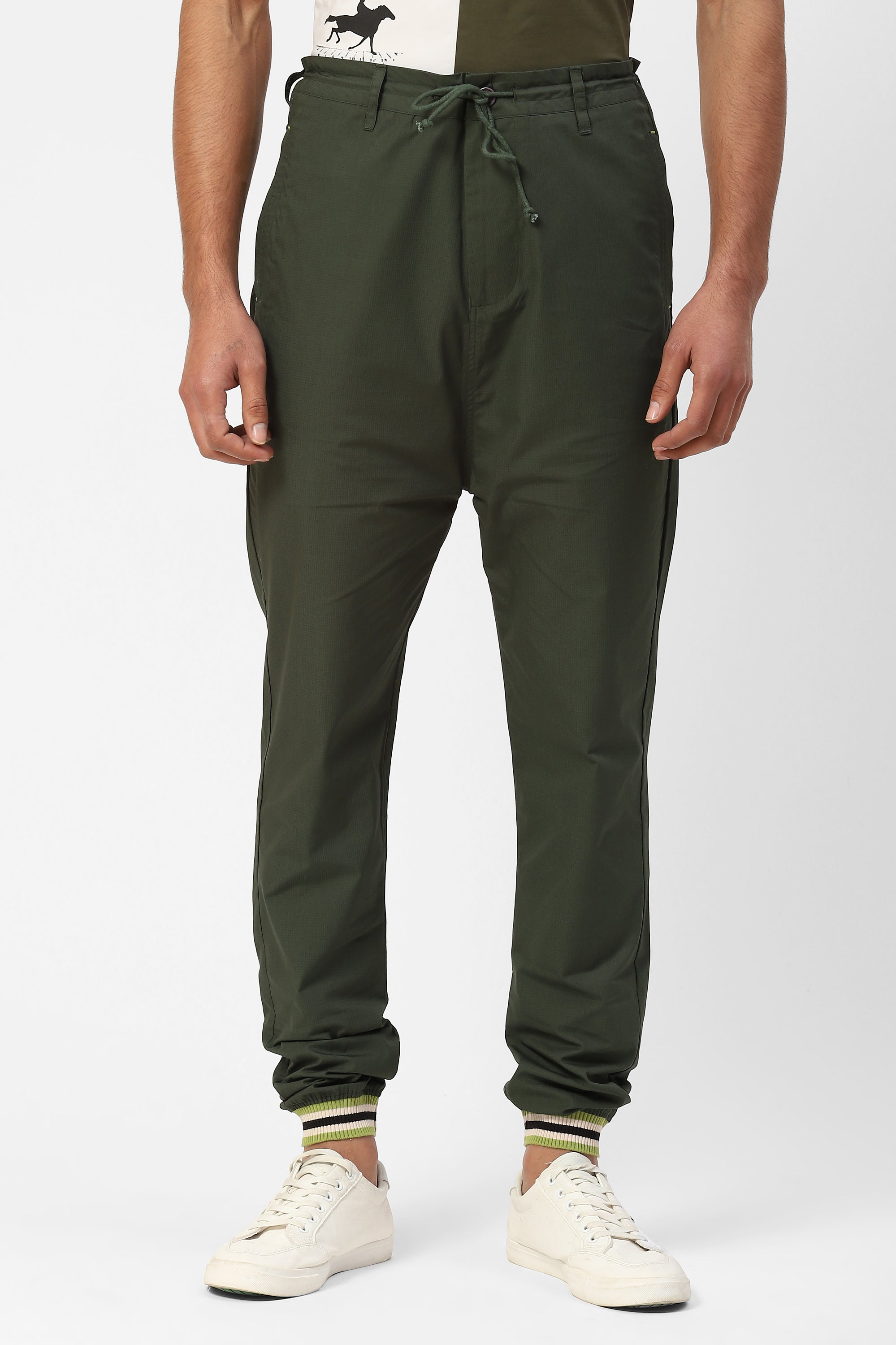 Olive Green Cotton Joggers With Contrasting Rib