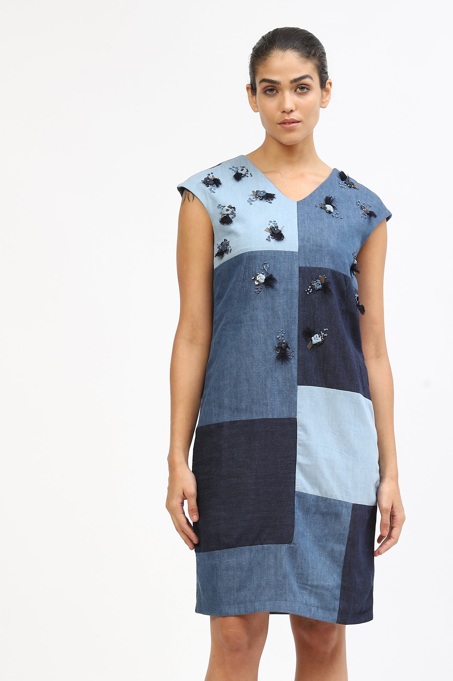 Blue Denim Cotton Collage Dress With Embellishments