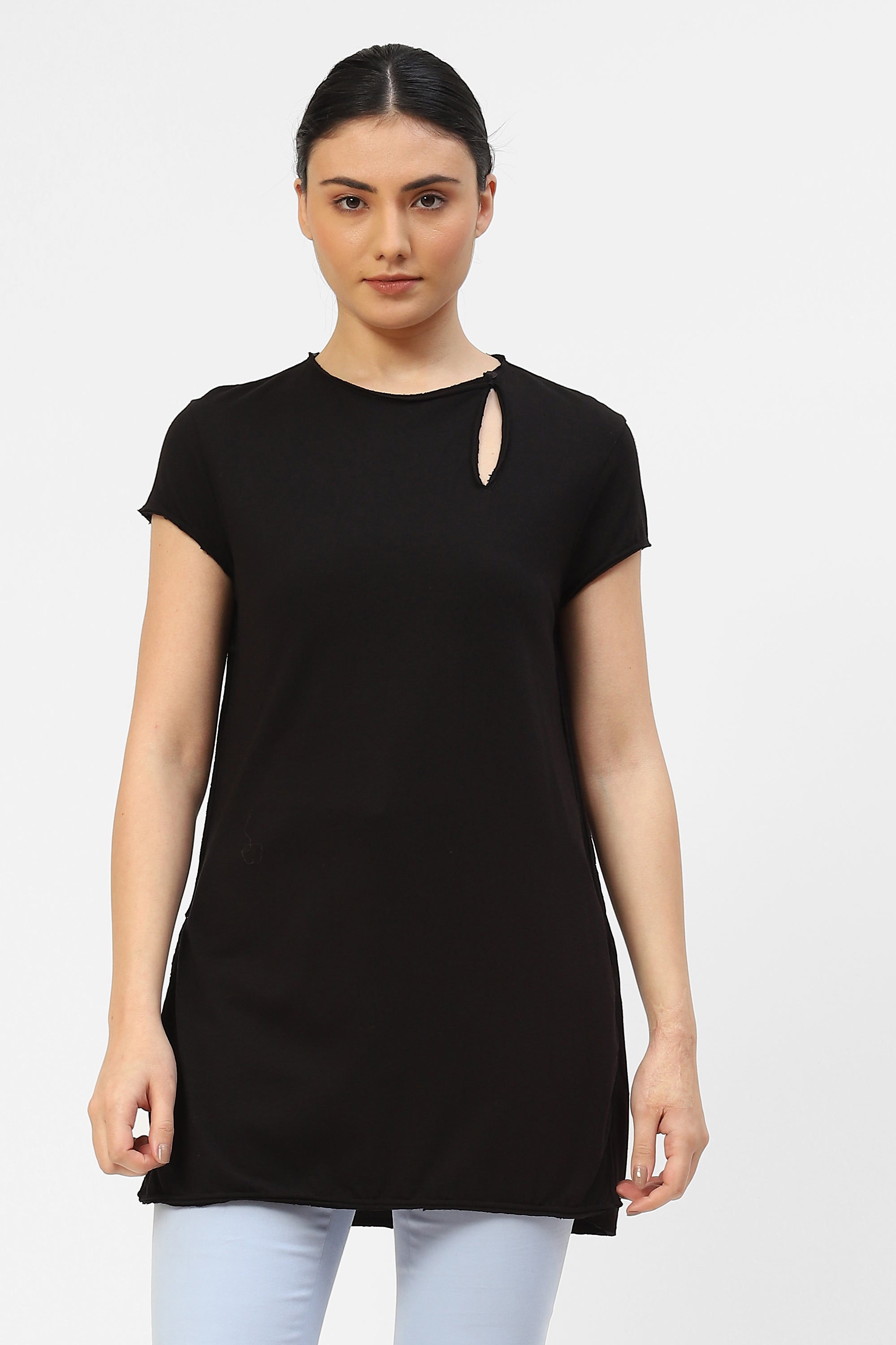 Black Cotton Jersey Womens Kurta For Woman With Asymmetric Slit Detail