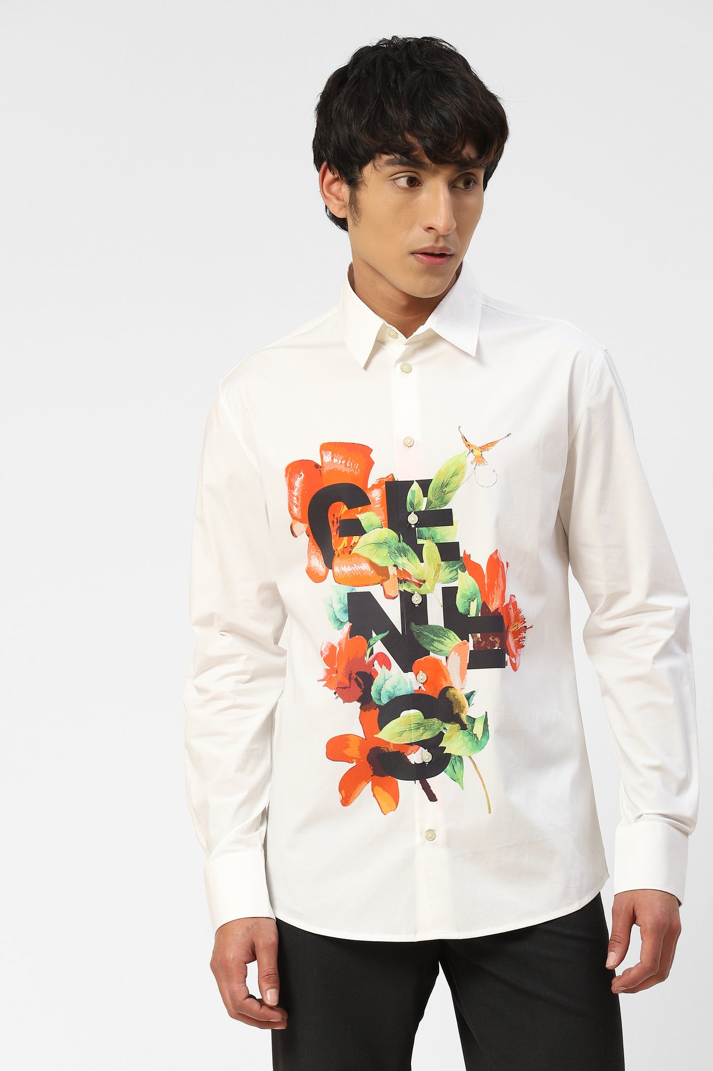 Mens White Cotton Shirt With Tropical Genes Print