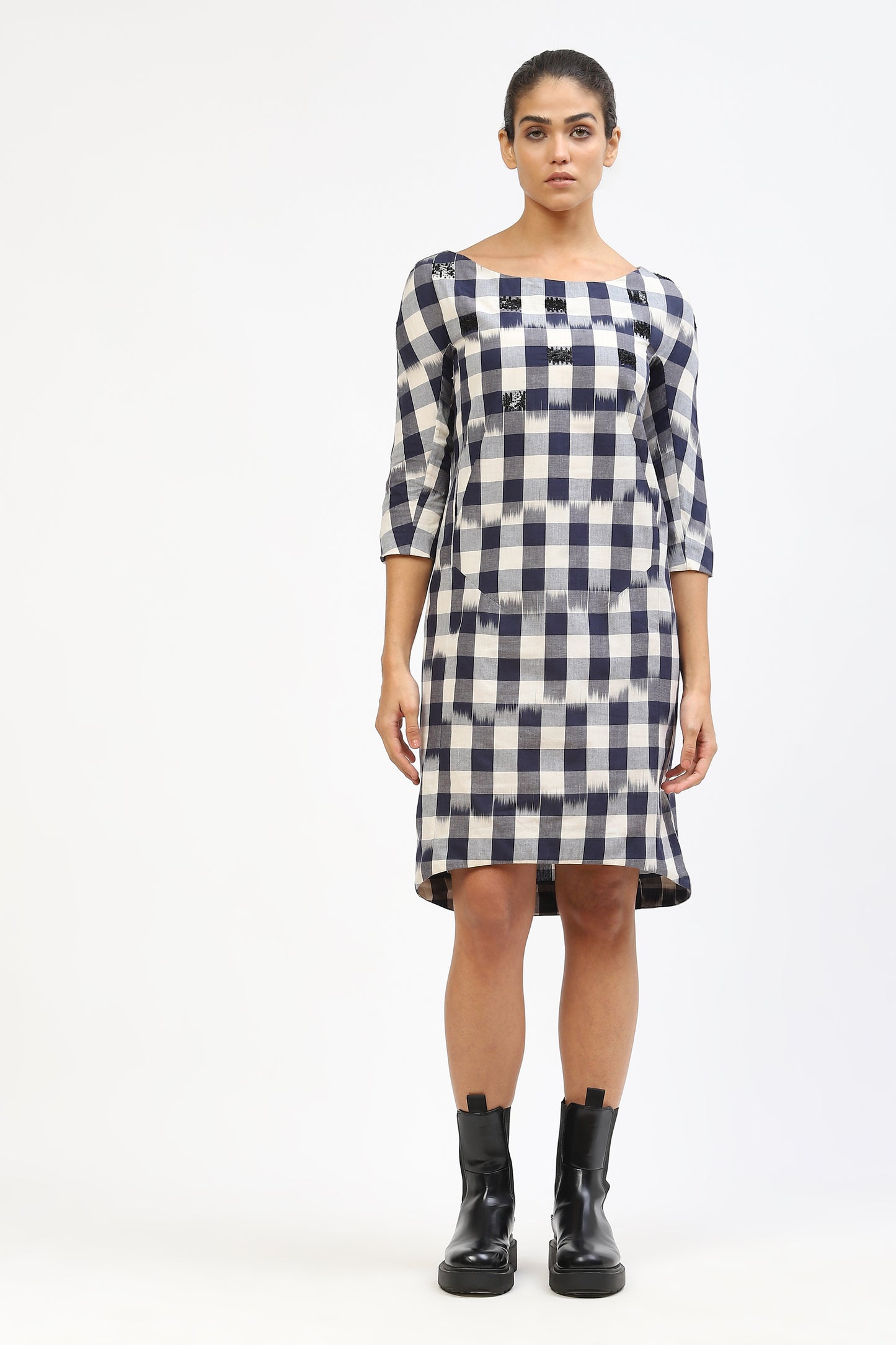 Womens Cotton Dress With Check Pattern and Sequinned Embellishments