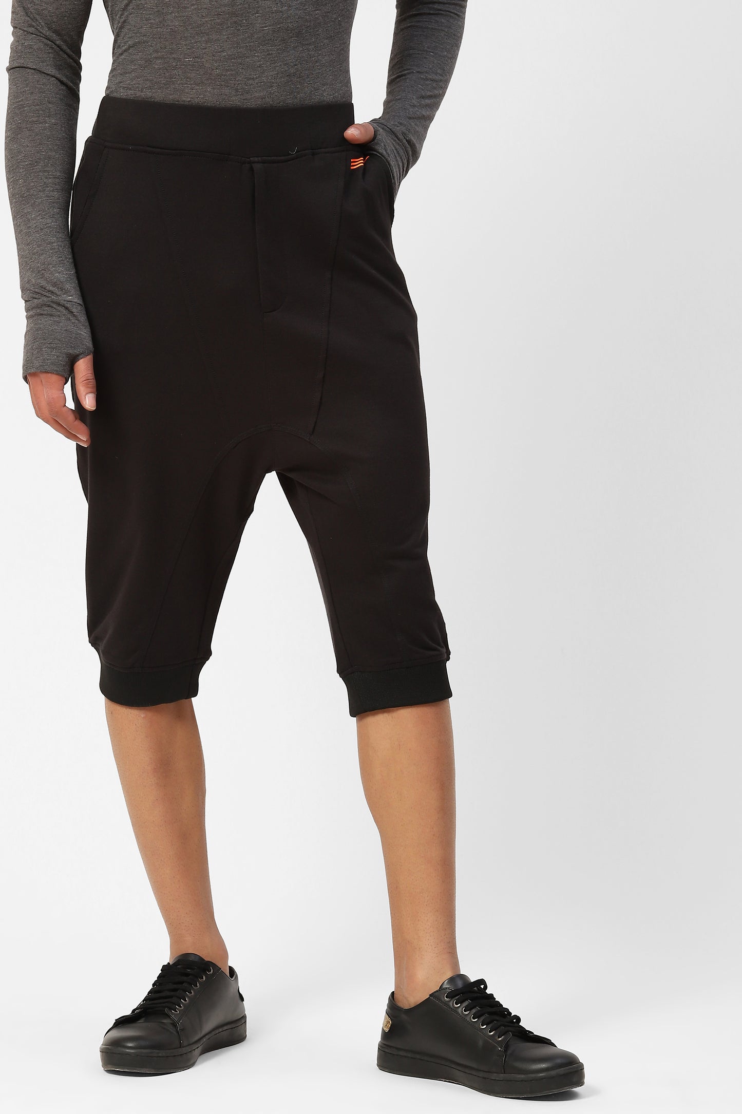 Black Mens Jogger Capri Shorts With Asymmetric Detail