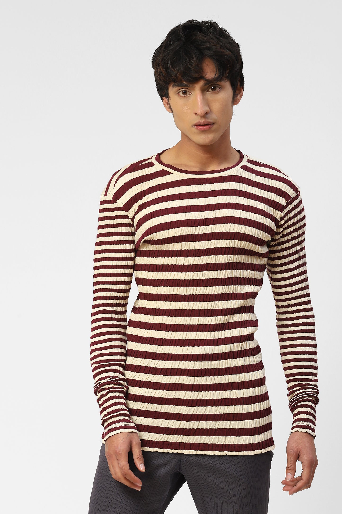 Full Sleeved Wine Red Striped Crinkle Cotton T-Shirt For Men
