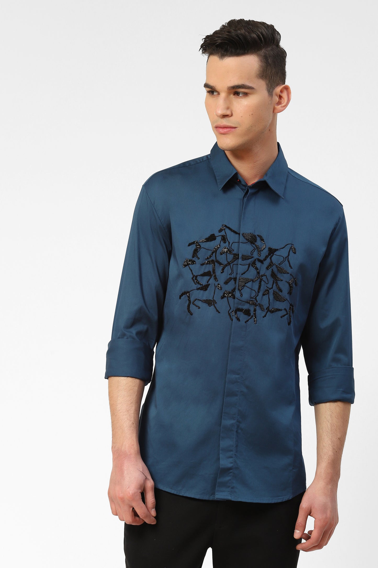 Mens Festive Cotton Satin Shirt With Equestrian Beaded Embroidery