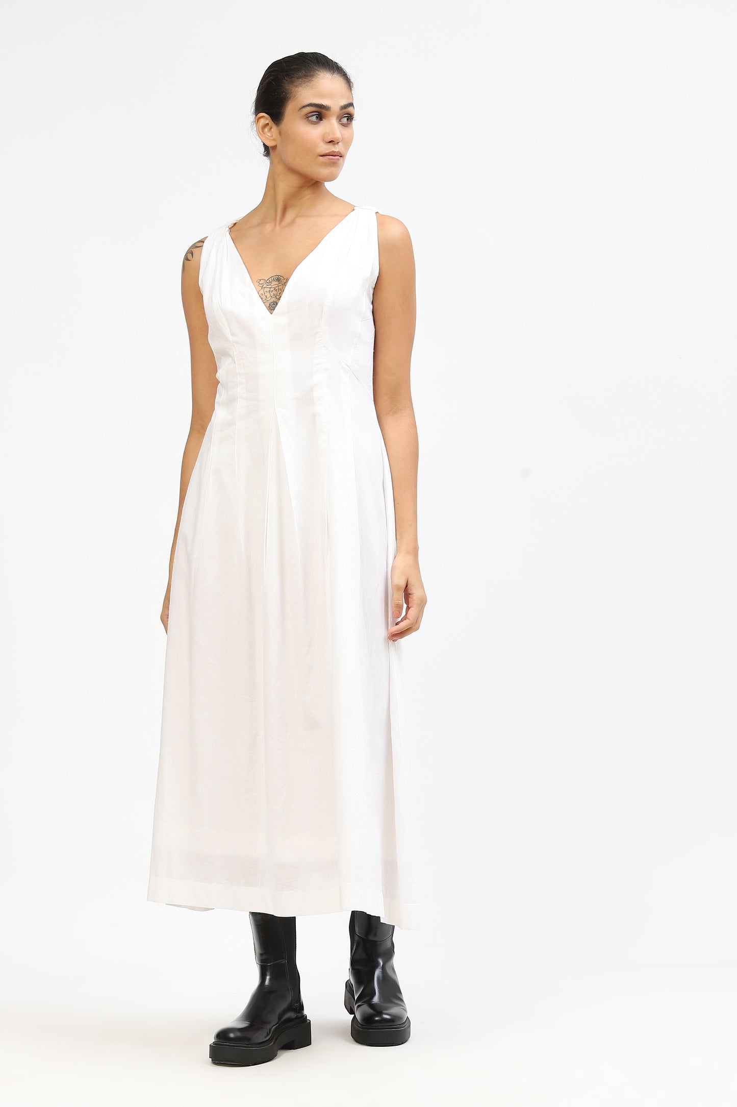 White Cotton V Neck Maxi Dress For Women