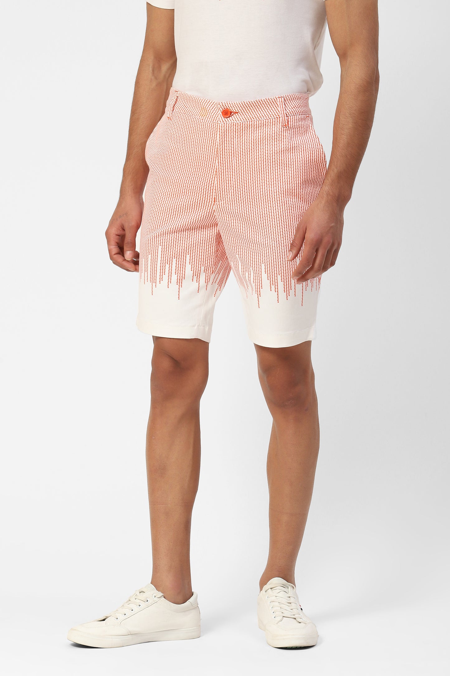 Mens White Cotton Shorts With Orange Dotted Print