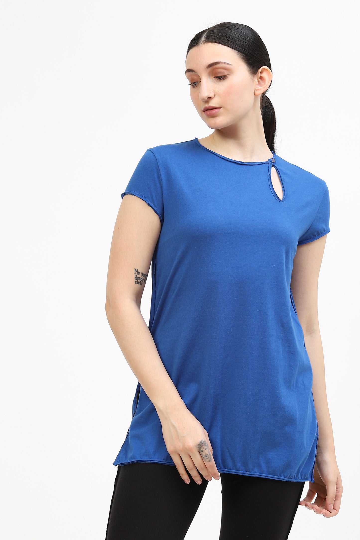 Electric Blue Jersey Womens Kurta For Woman With Asymmetric Slit Detail