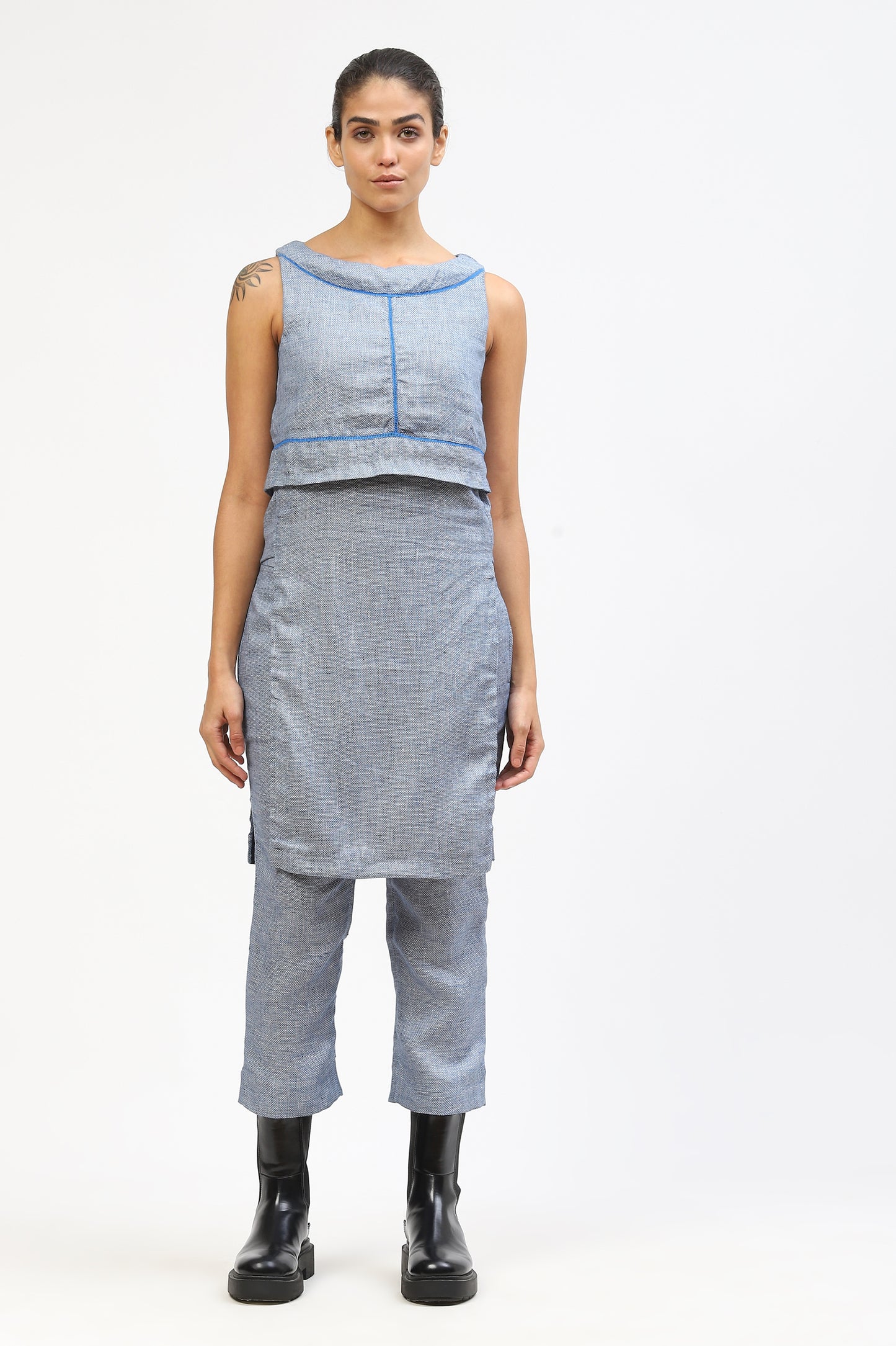Blue Linen Kurta For Women With Flap Detail & Matching Thread Work