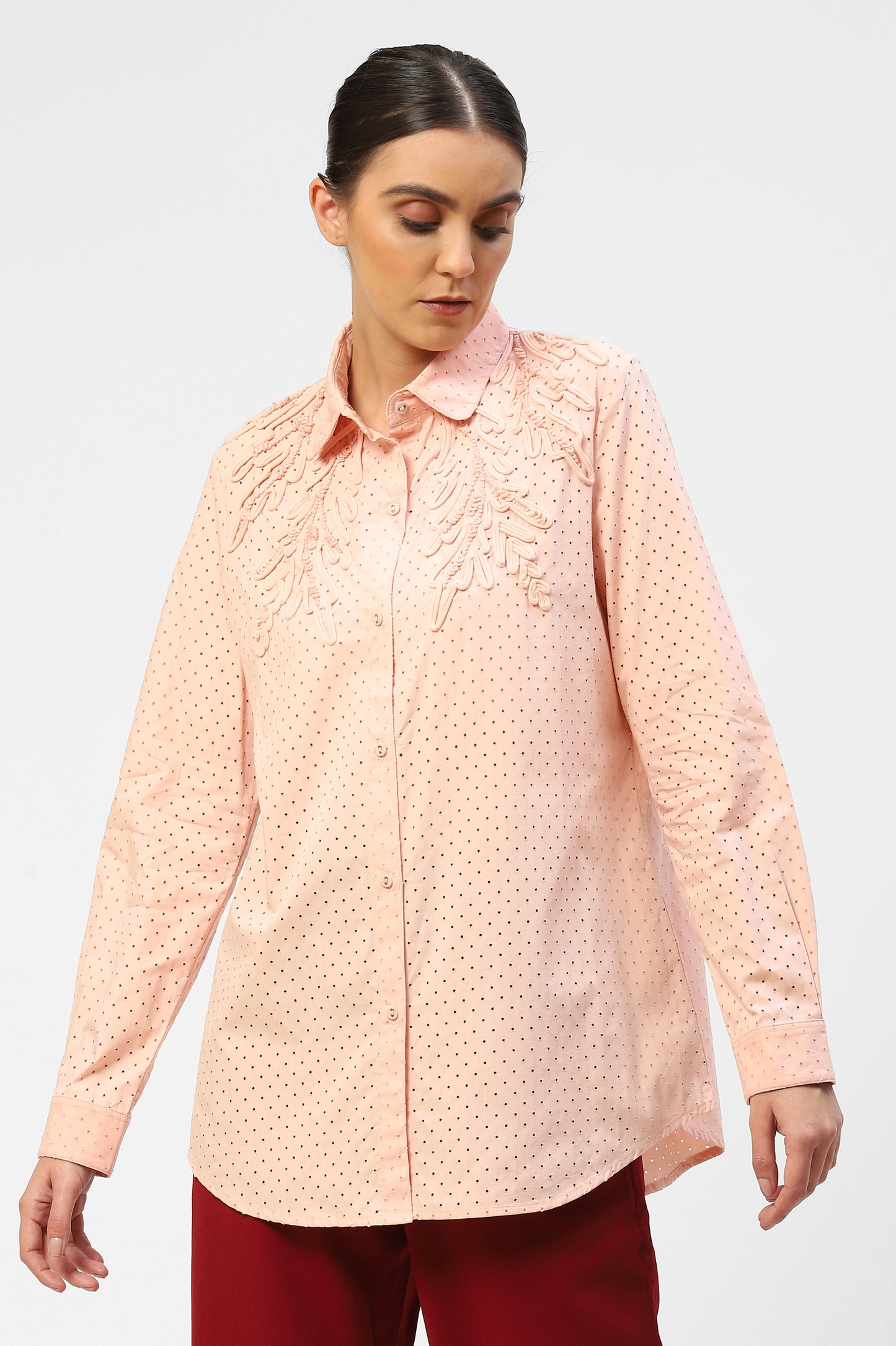 Light Pink Perforated Cotton Womens Shirt With Fabric Embroidery