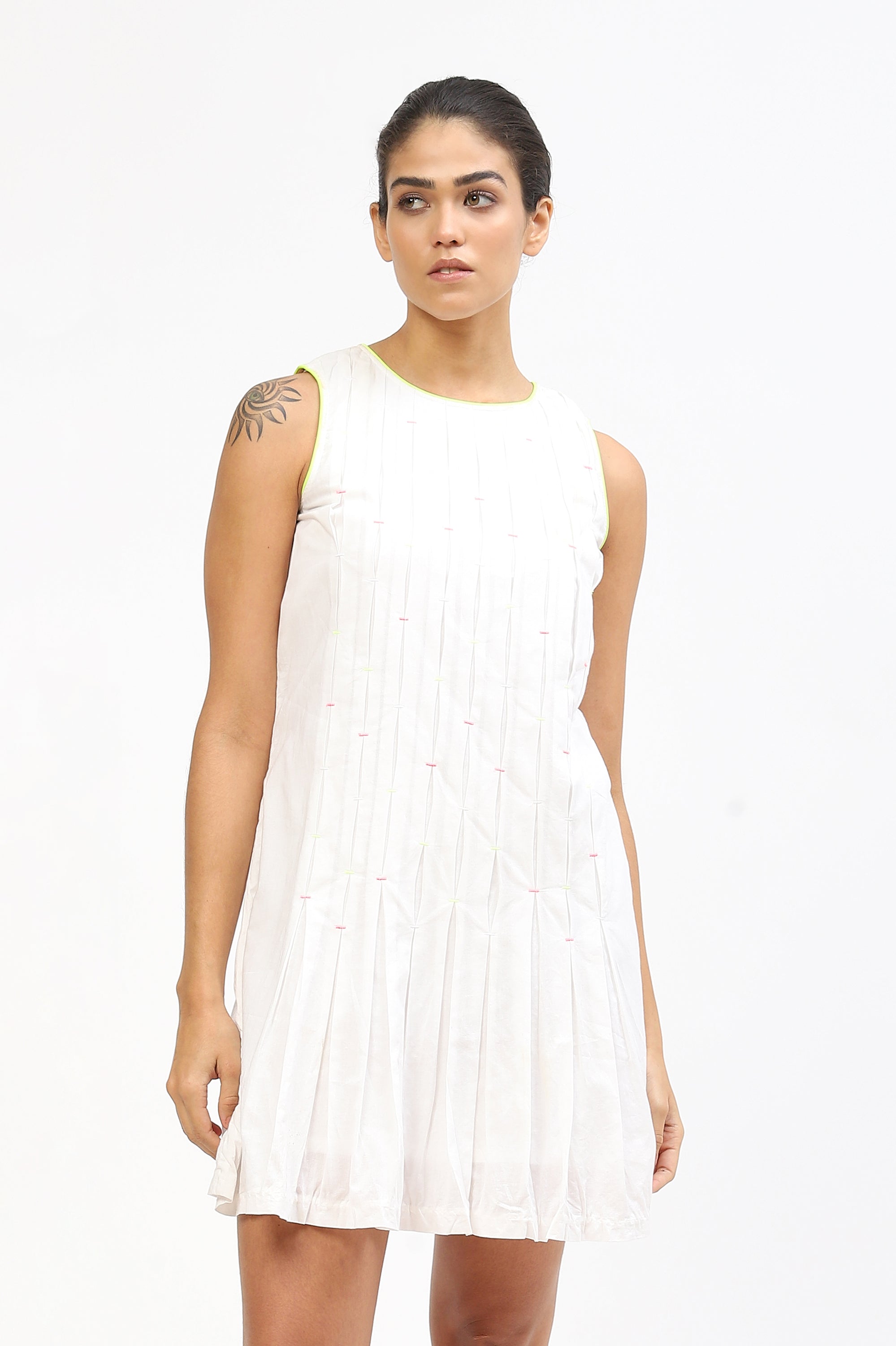White Pleated Cotton Dress With Multicolored Tucks Detail