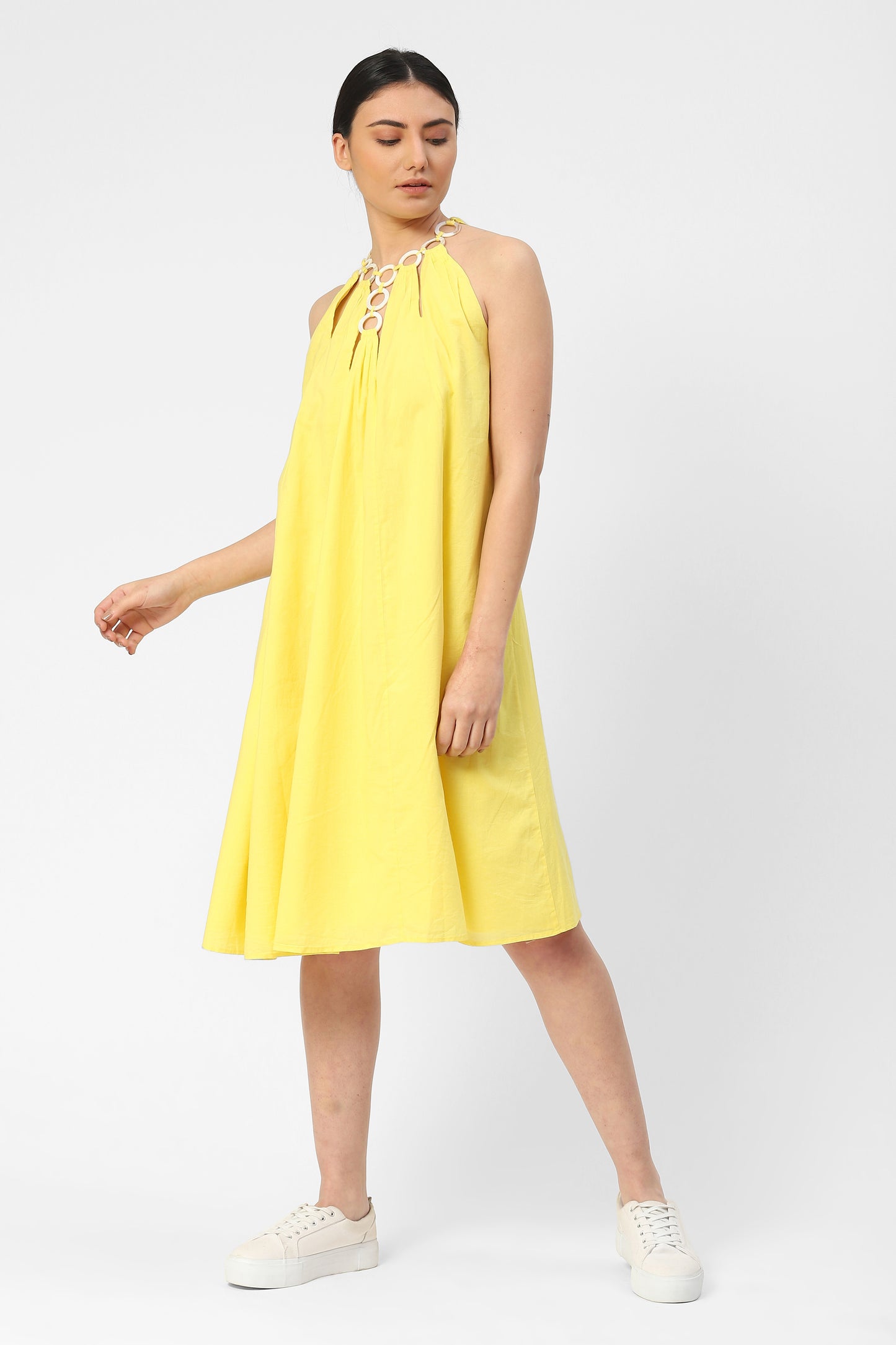 Yellow Cotton Womens Dress With Hoops Detail