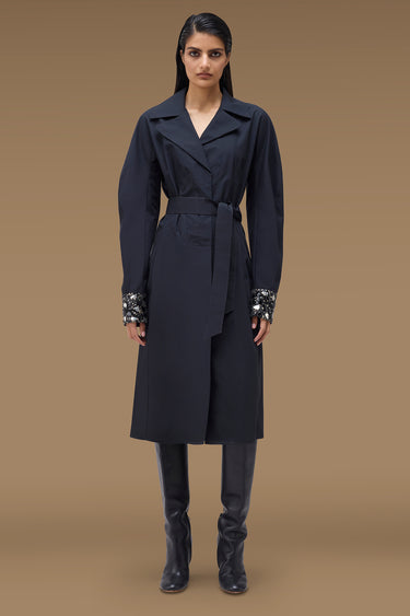 Premium Black Viscose Nylon Belted Trench Dress