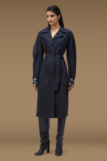 Premium Black Viscose Nylon Belted Trench Dress