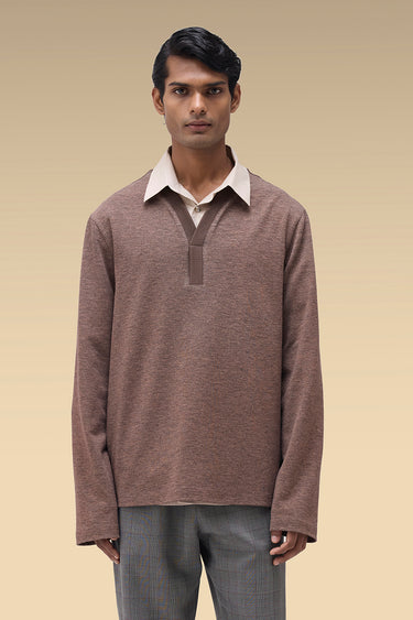 Premium Ribbed   Placket Long Sleeve T-Shirt in Chocolate Brown