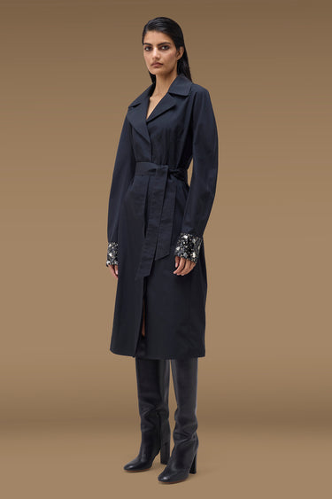 Premium Black Viscose Nylon Belted Trench Dress