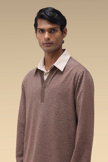 Premium Ribbed   Placket Long Sleeve T-Shirt in Chocolate Brown