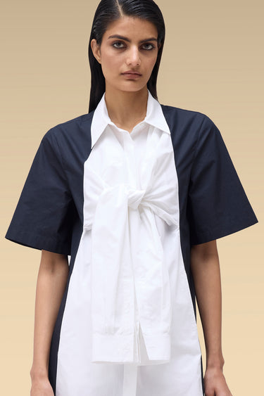 Premium Colour-Blocked Tie-Front Shirt Dress - Cotton Poplin