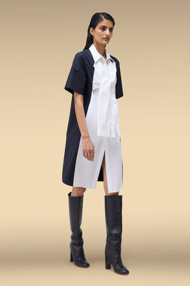 Premium Colour-Blocked Tie-Front Shirt Dress - Cotton Poplin