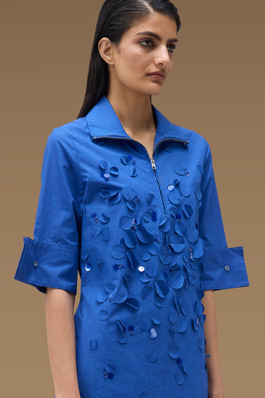 Premium Egyptian Blue Cotton Poplin Embellished Dress
