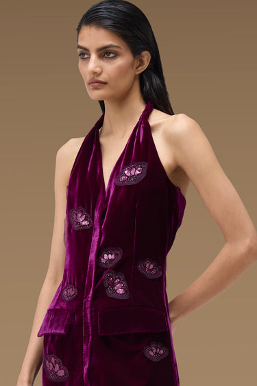 Premium Stone Applique Halter Midi Dress - Velvet