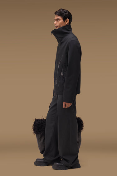 Premium Embellished Funnel Neck Jacket in Black