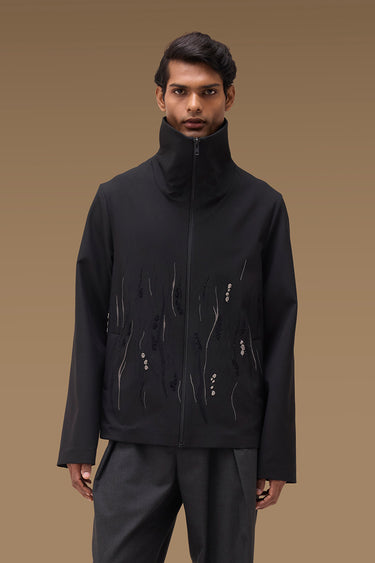 Premium Embellished Funnel Neck Jacket in Black