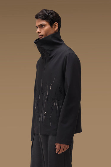 Premium Embellished Funnel Neck Jacket in Black