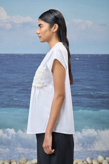 White Giza cotton top for women styled for resort wear