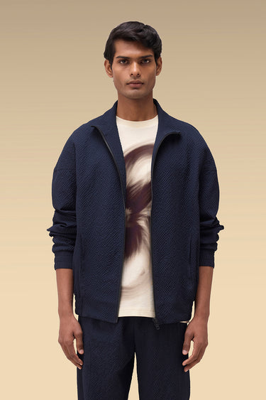 Premium Navy Seersucker Bomber Jacket