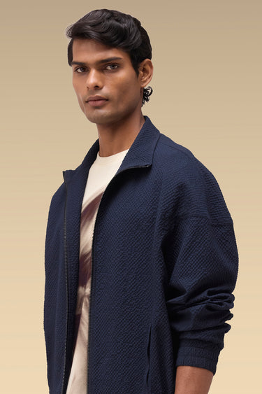 Premium Navy Seersucker Bomber Jacket