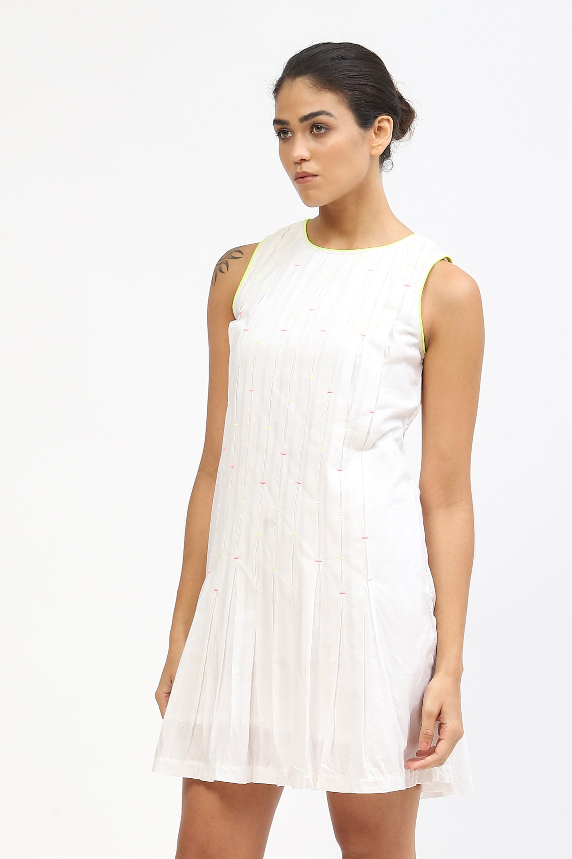 White Pleated Cotton Dress With Multicolored Tucks Detail