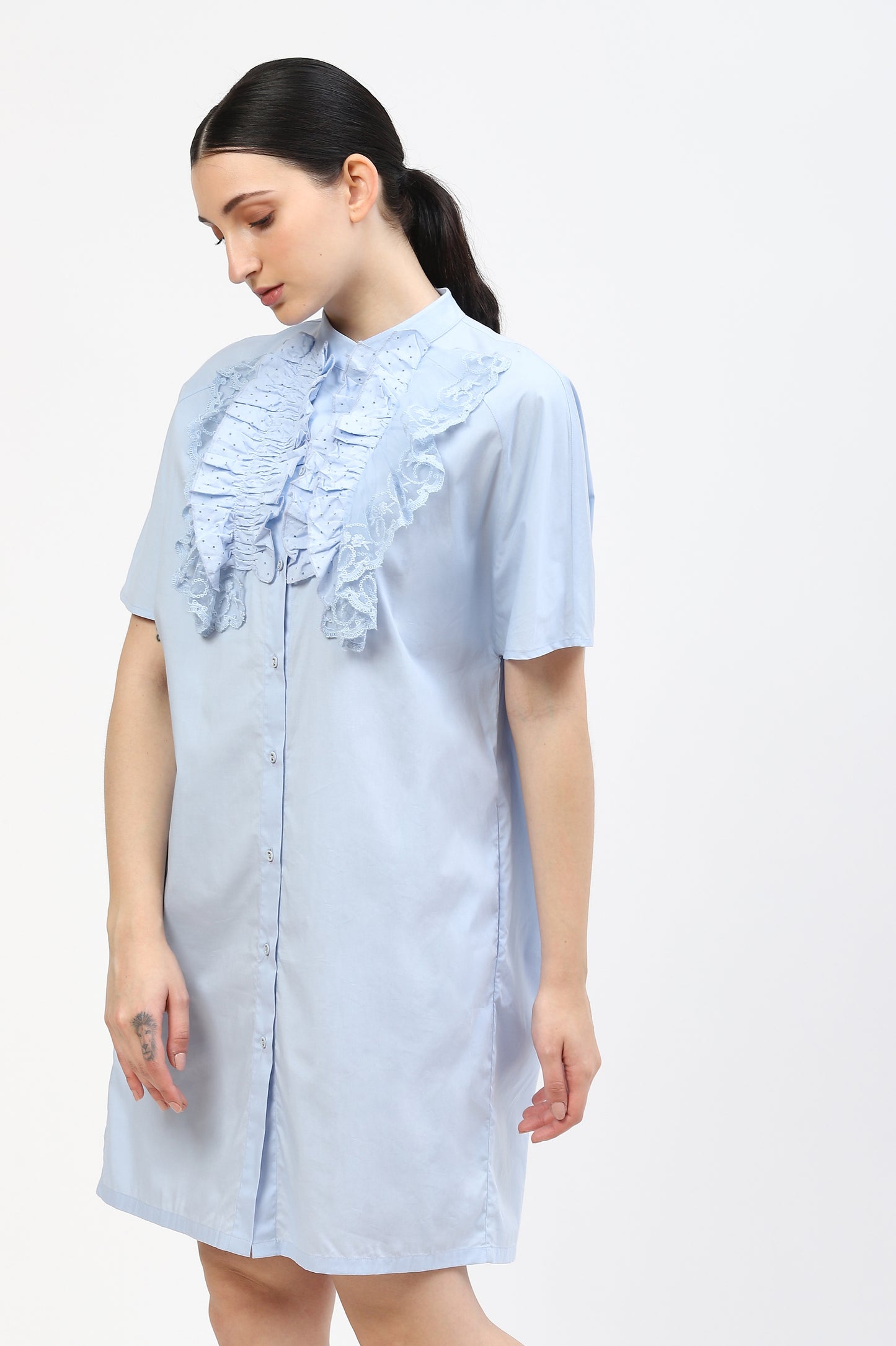 Womens Oversized Cotton Dress With Ruffle Neck Detail