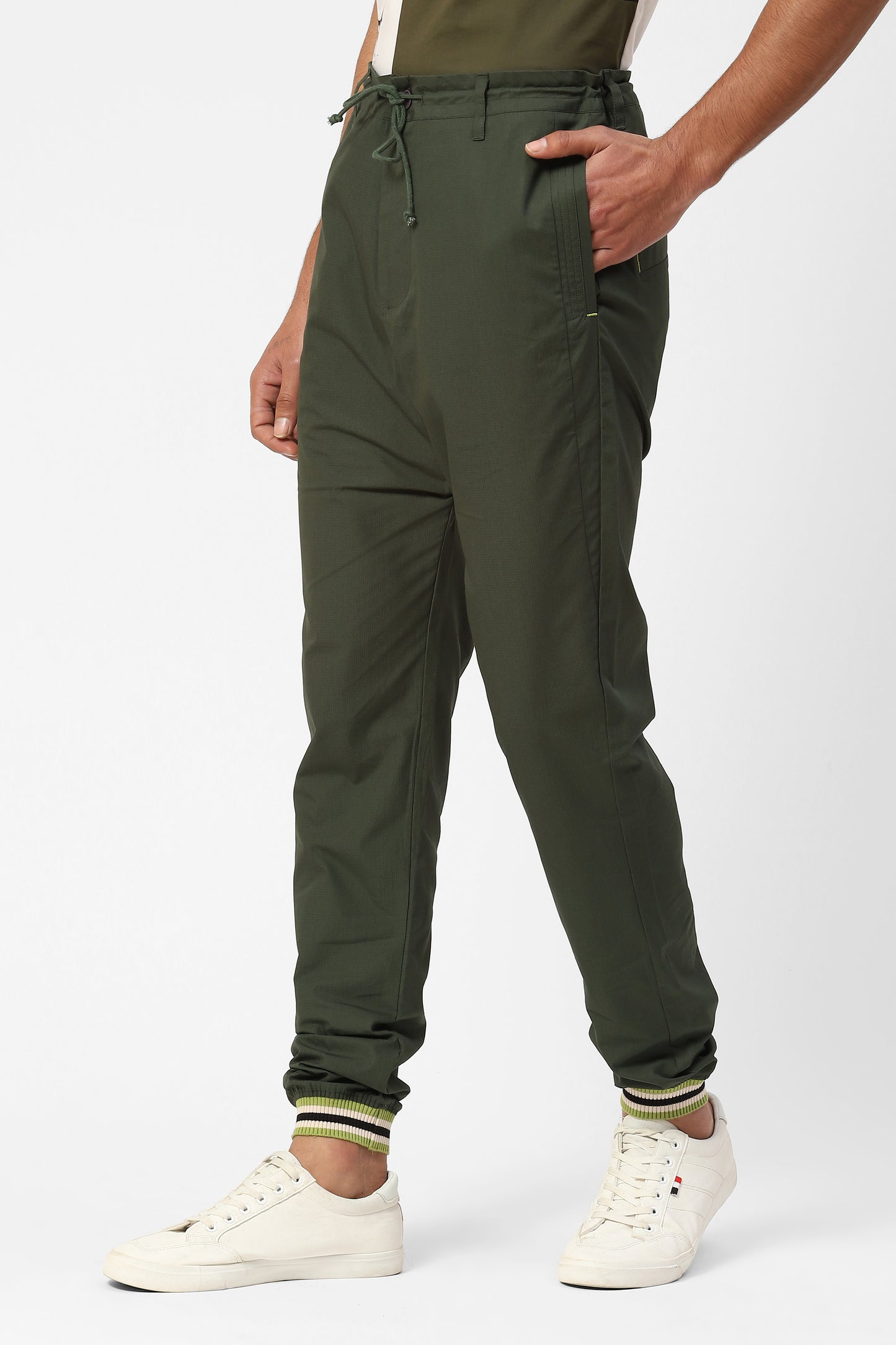Olive Green Cotton Joggers With Contrasting Rib