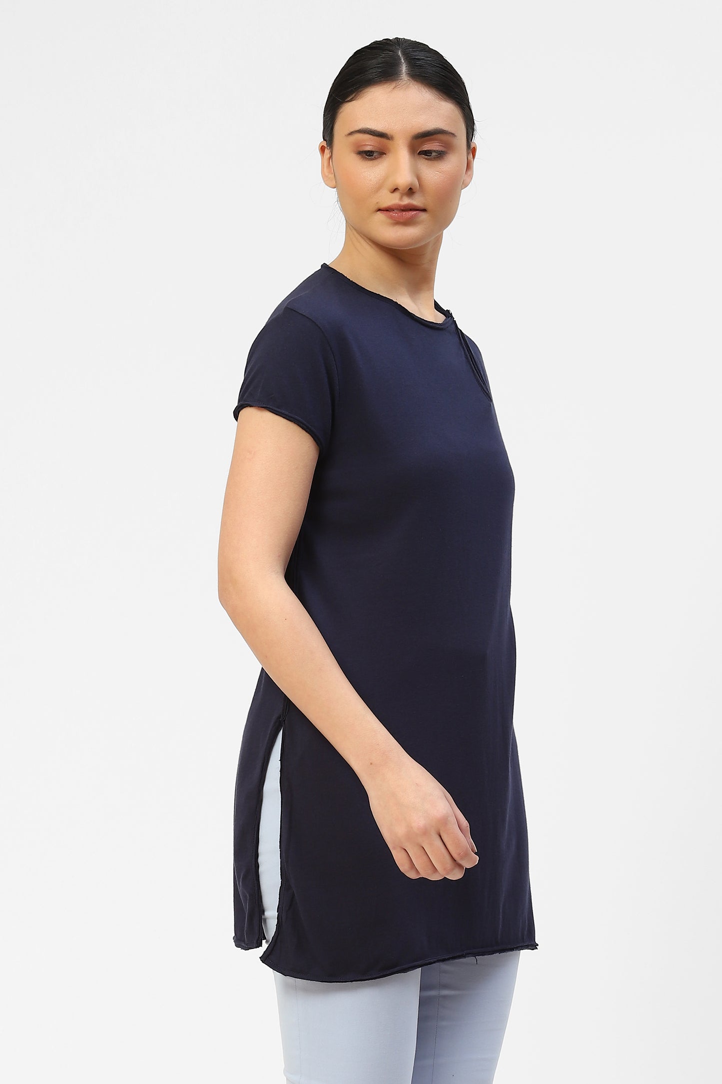 Navy Blue Cotton Jersey Womens Kurta For Woman With Asymmetric Slit Detail