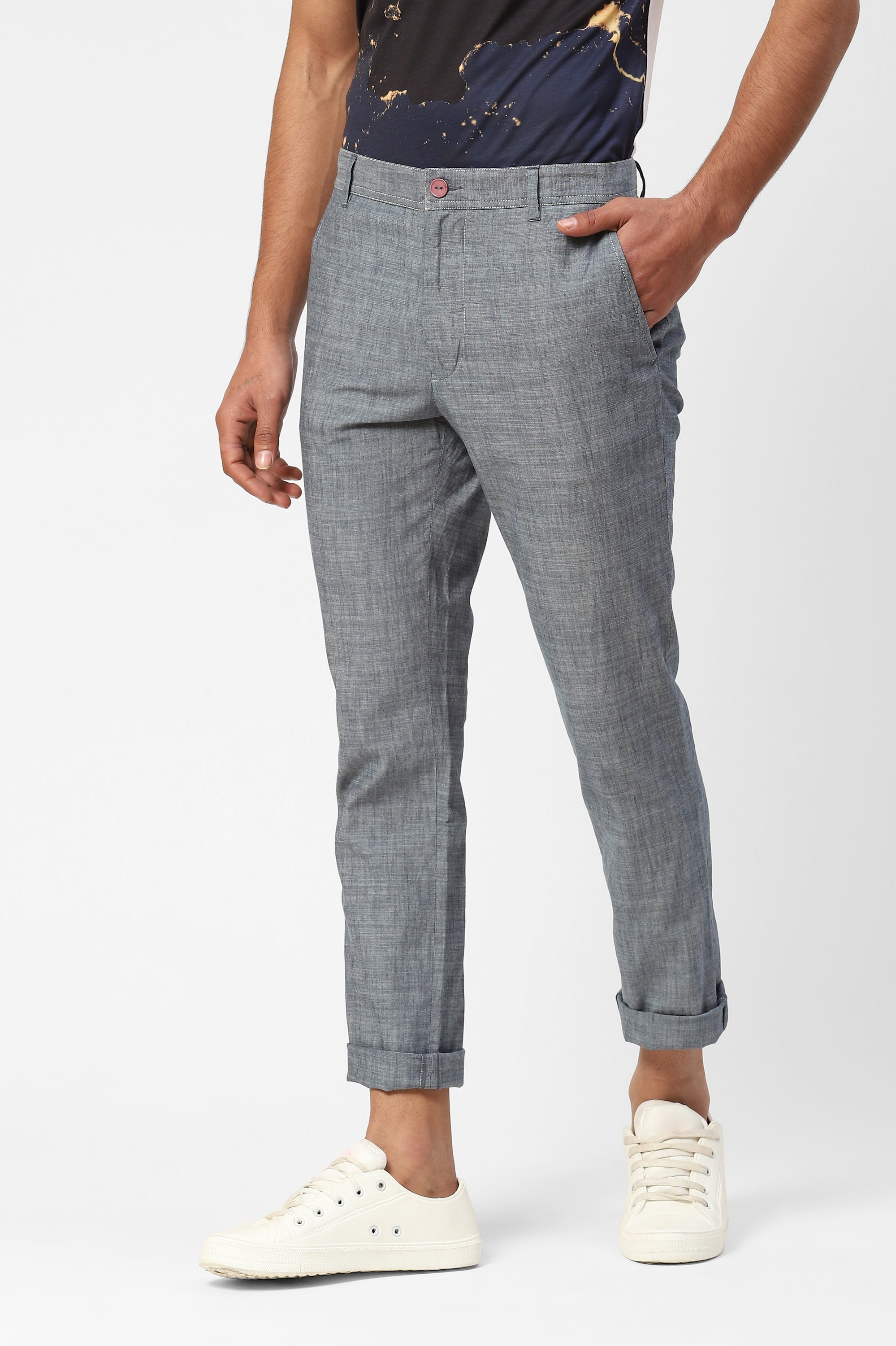 Blue Grey Chambray Cotton Trousers For Men