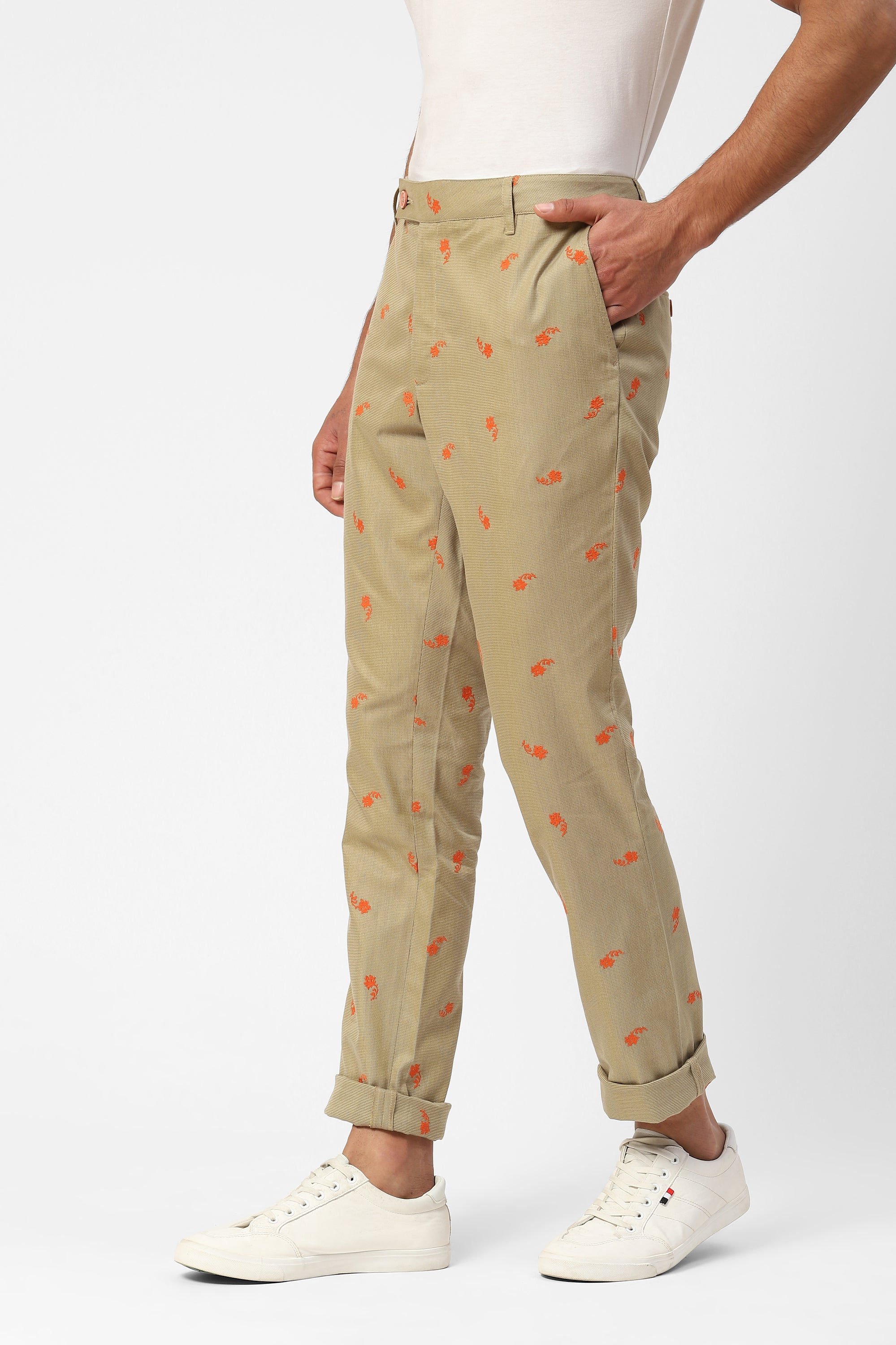 Olive Green Mens Trousers With Contrasting Embroidery