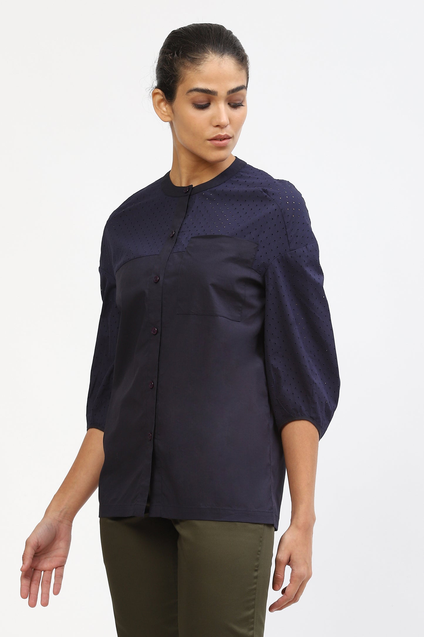 Navy Blue Cotton Shirt For Women With Perforated Texture Detail